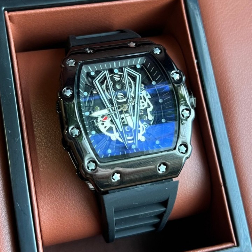 Luxury Watch With Rubber Strap - Transparent Black Case Casual Tonneau Quartz
