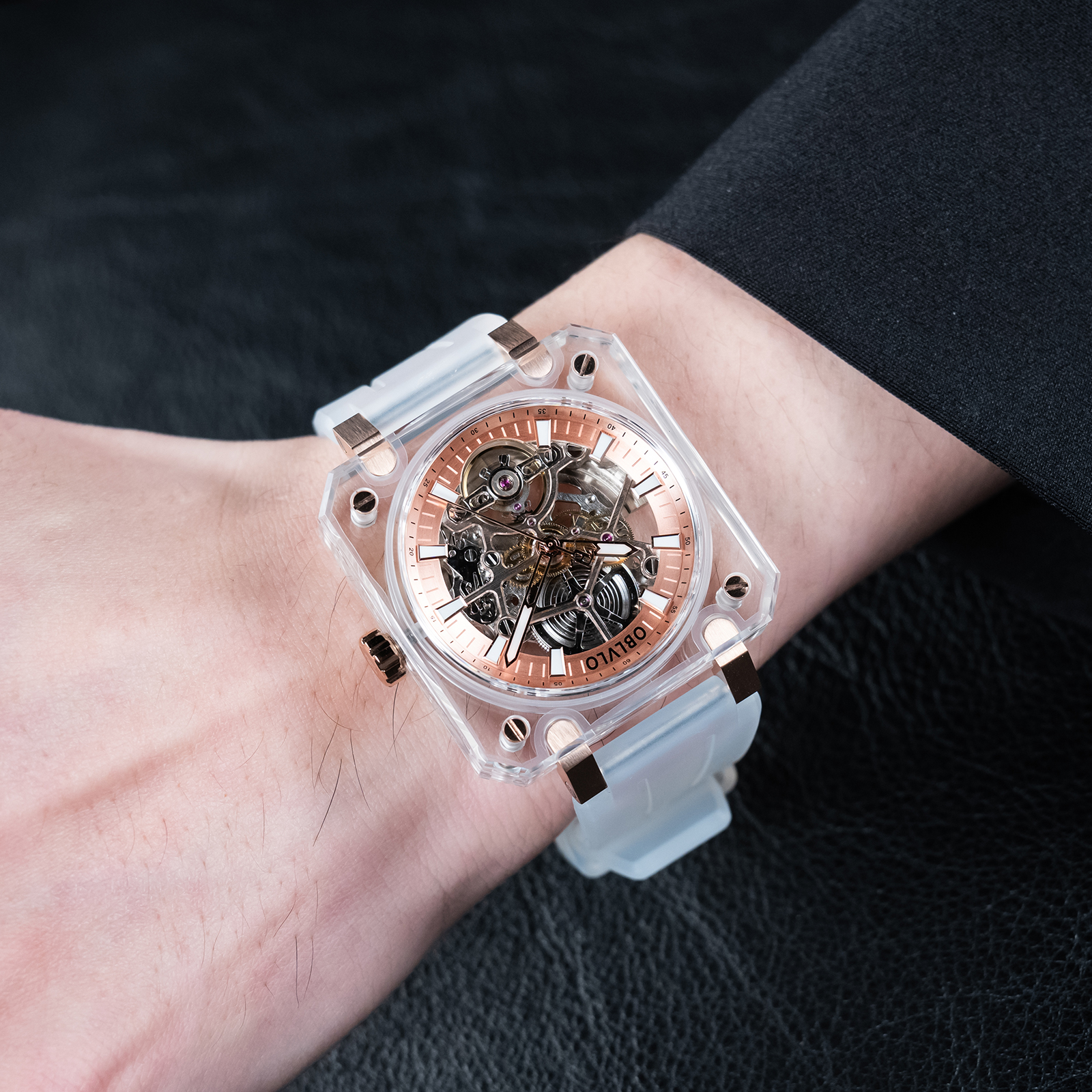 Luxury Watch With Rubber Strap - OBLVLO Men's High-End Skeleton Automatic Mechanical