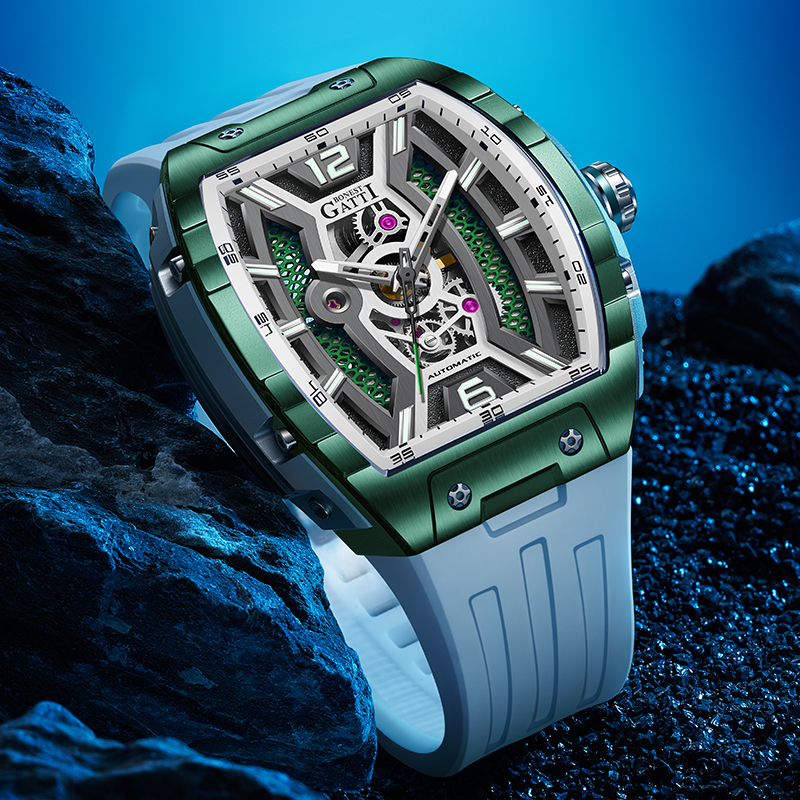 Luxury Watch With Rubber Strap - BONEST GATTI Germany Automatic Skeleton Luminous