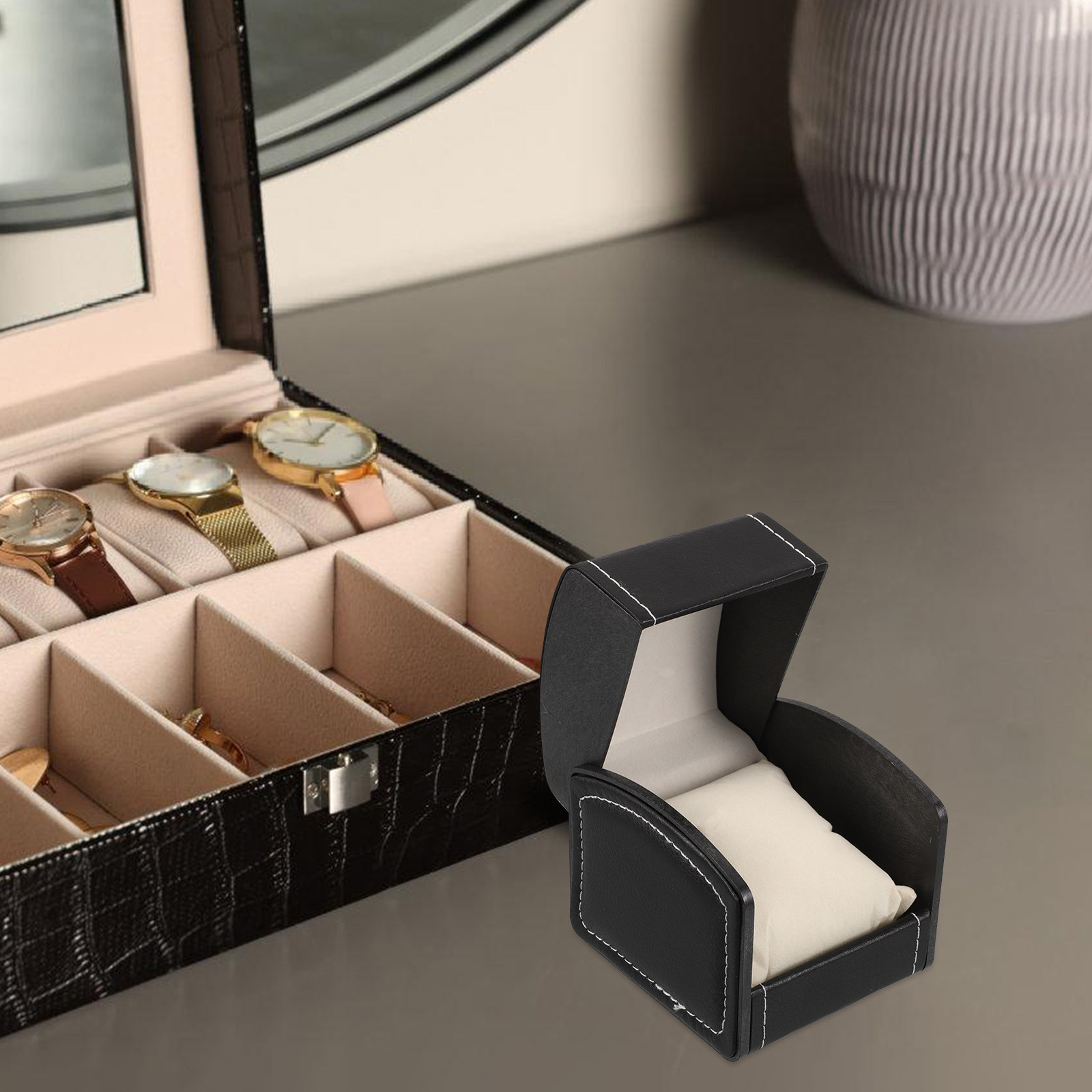 Luxury Watch Holder For Men - 2Pcs Black PU Watch Storage Box