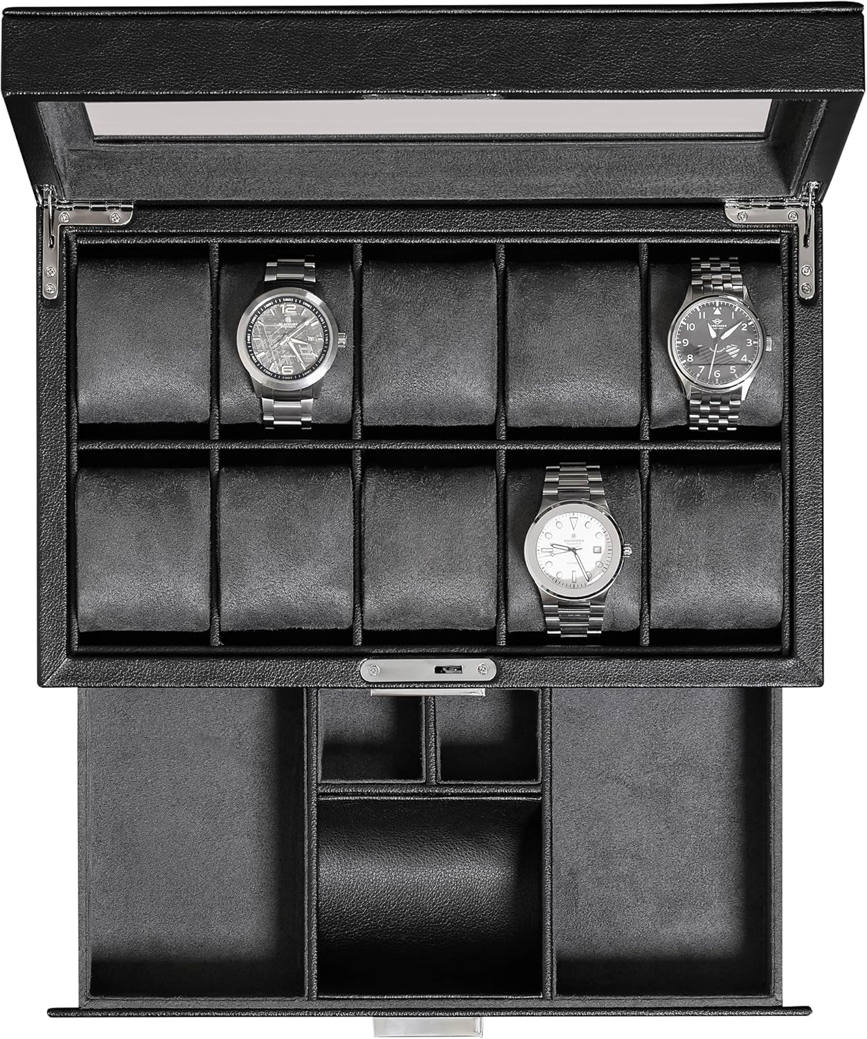 Luxury Watch Holder For Men - Luxury 10-Slot Watch Box with Valet