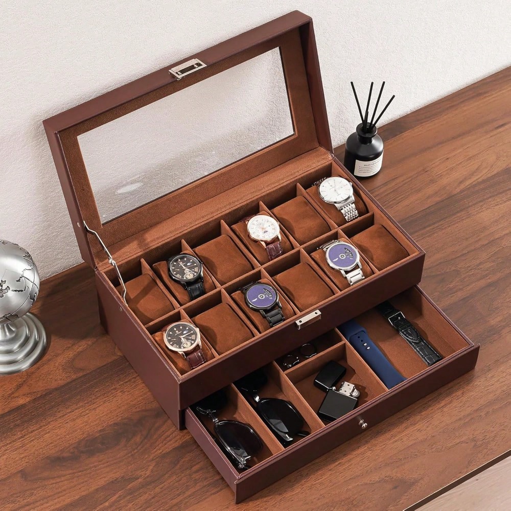 Luxury Watch Holder For Men - Luxury 12-Slot 2-Layer Watch Case With