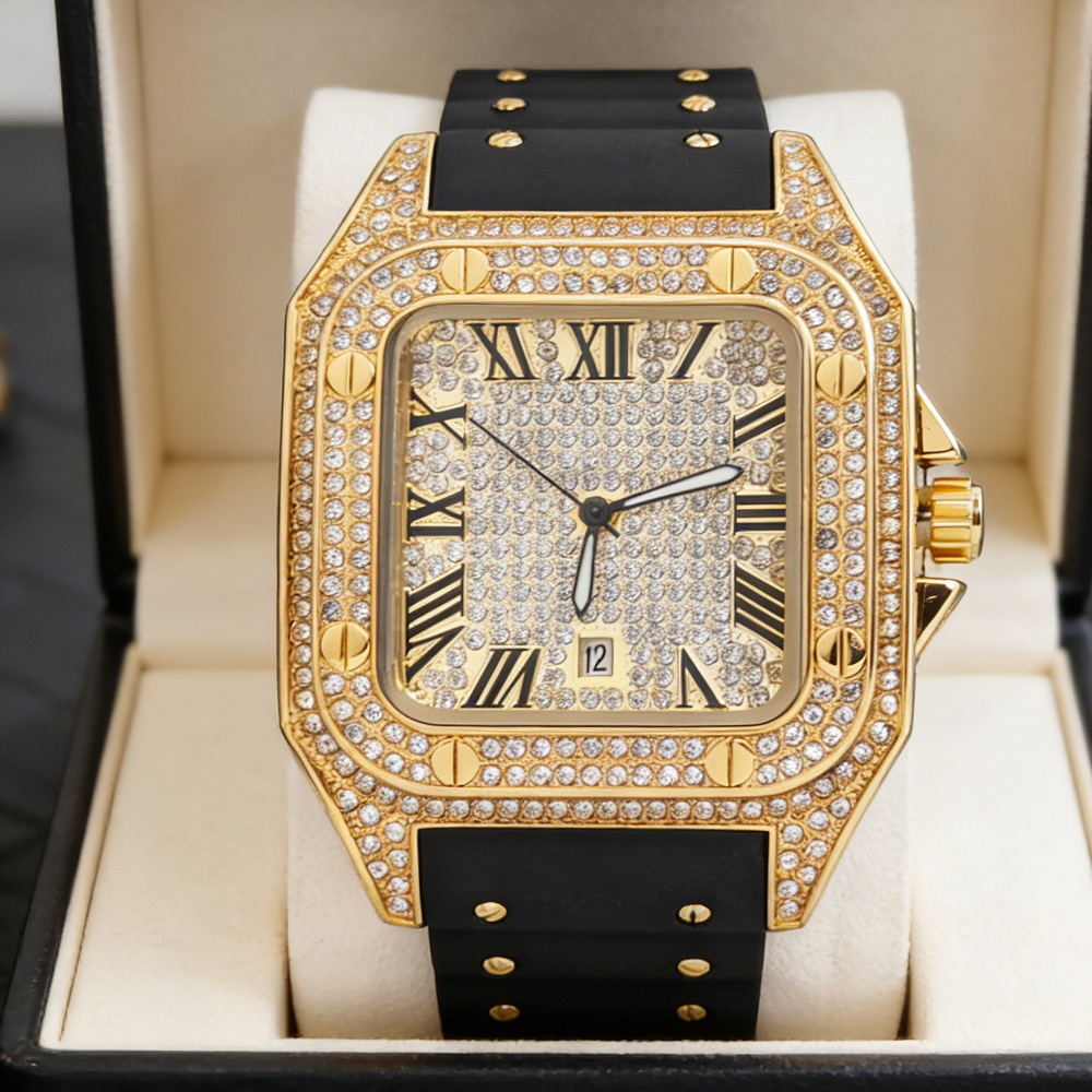 Hip Hop Iced Out Bling Square  – Luxury Watch With Rubber Strap Bewertung und Preis