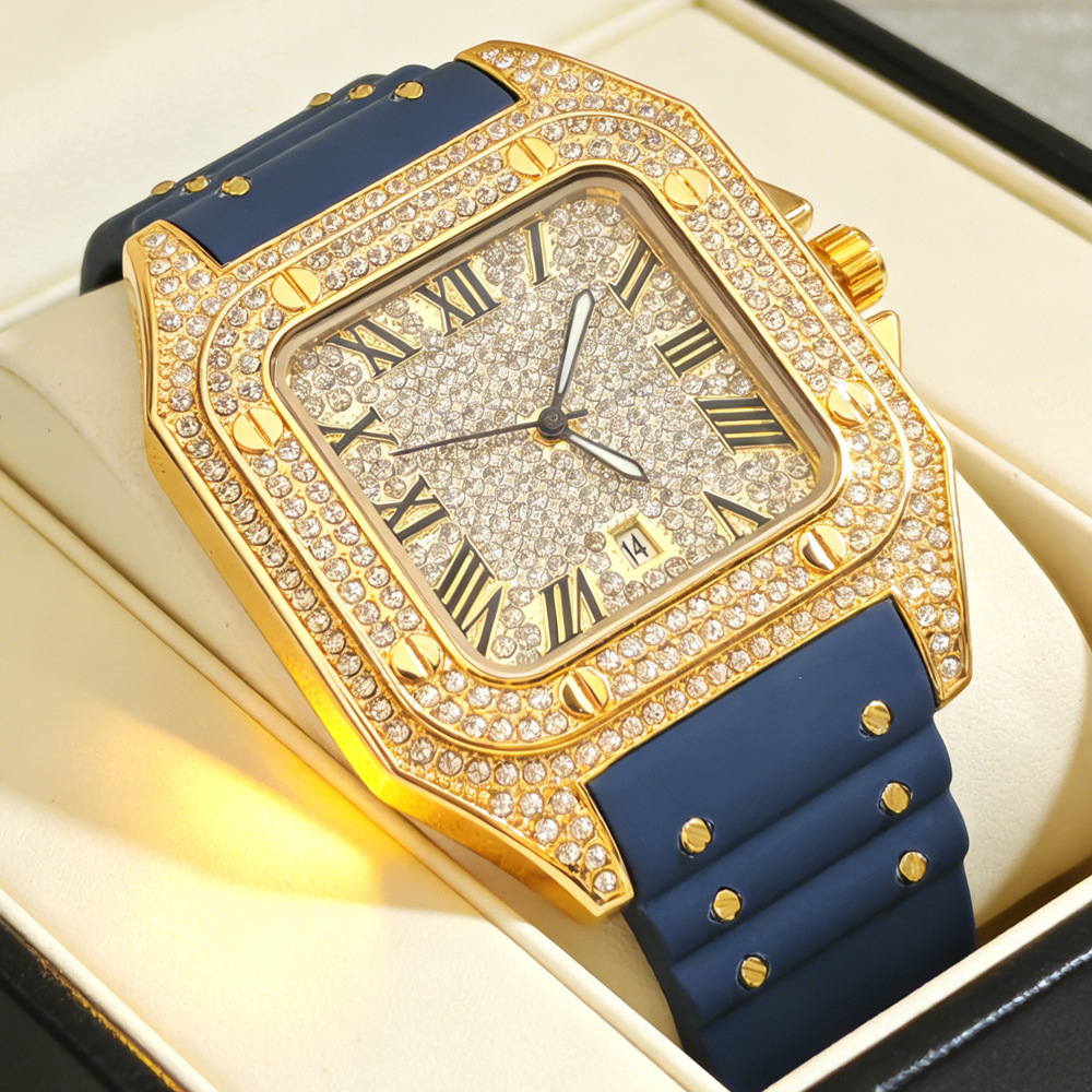 Hip Hop Iced Out Bling Square  – Luxury Watch With Rubber Strap Bewertung und Preis